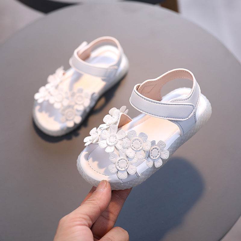 Baby Girls Cute Casual Sandals With Flower Decoration, Non-slip Soft Sole Slip-on Hook And Loop Fastener Shoes For Summer