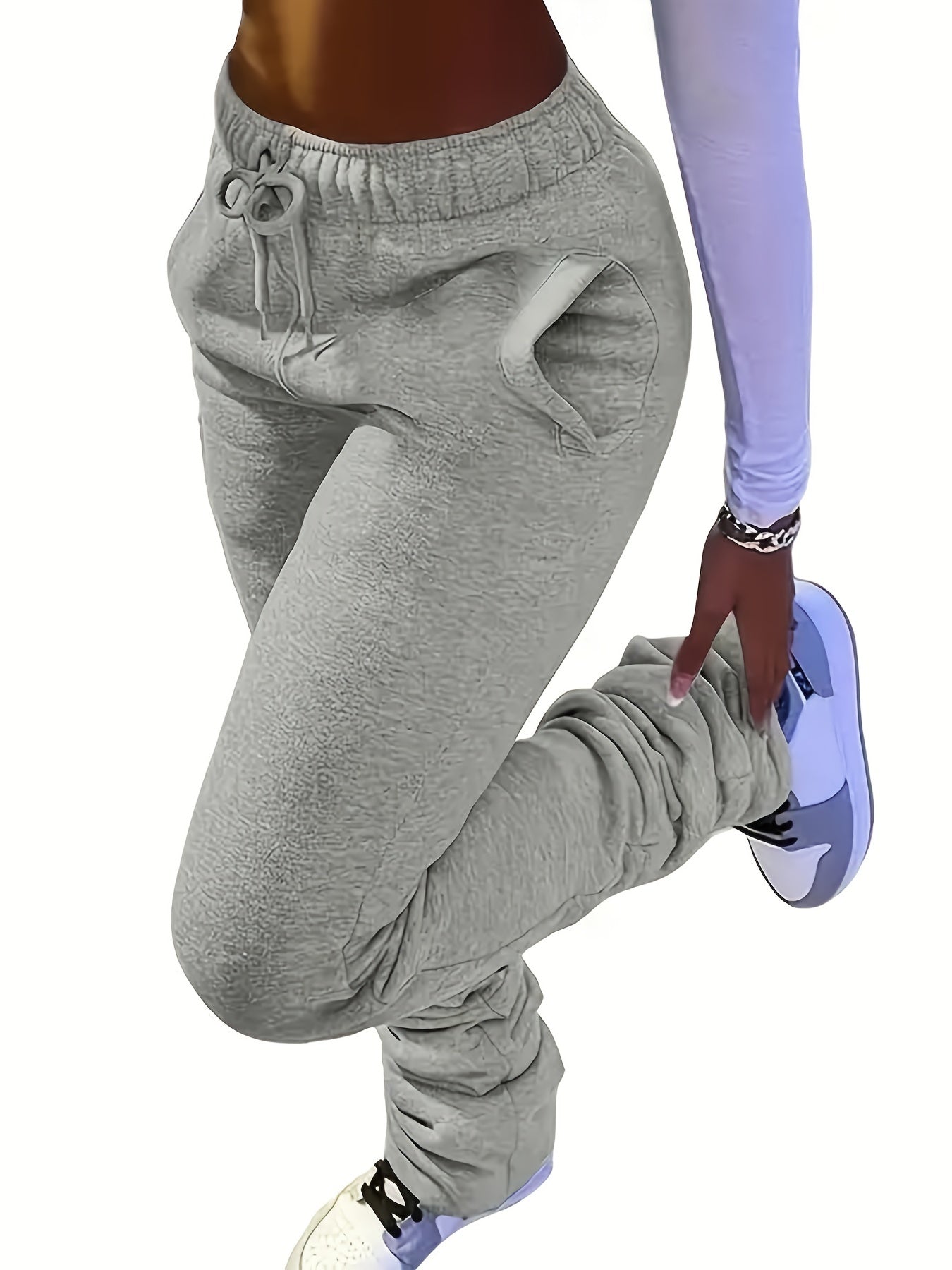 Solid Color Casual Fleece Sports Pants, Drawstring Elastic Winter Warm Jogger Sweatpants, Women's Athleisure