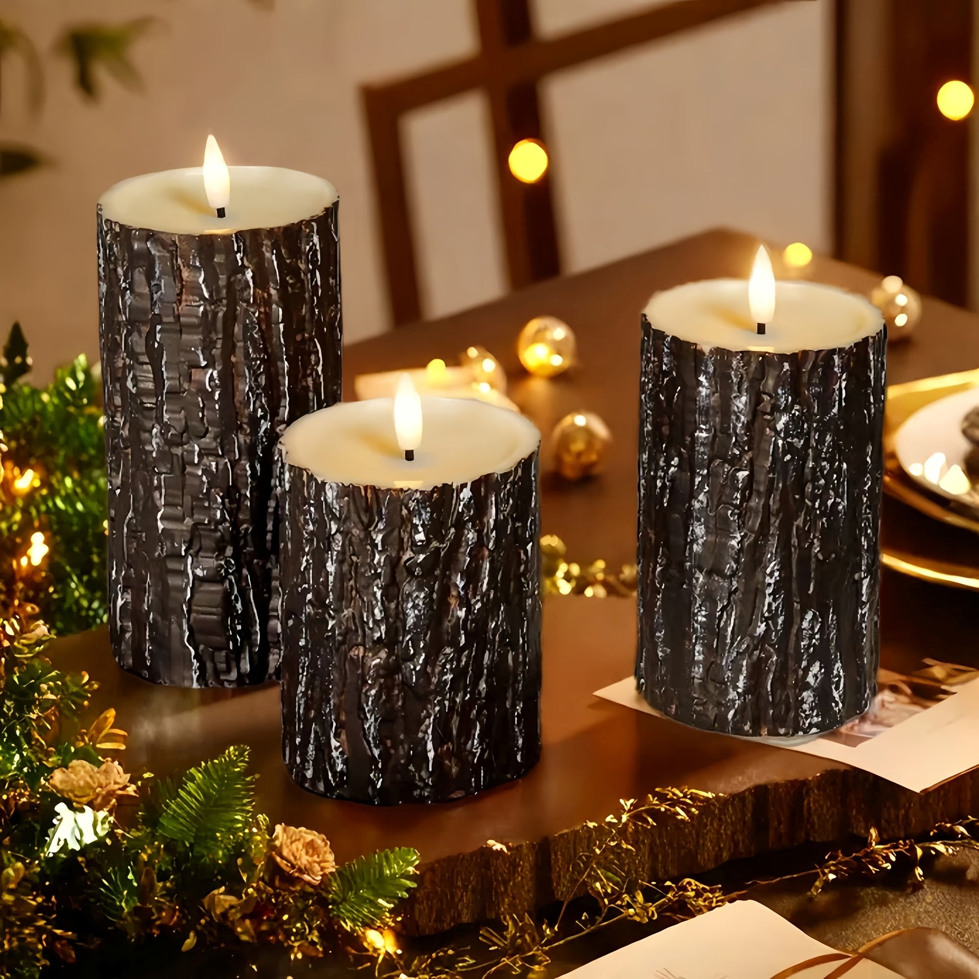 3pcs Rustic Wooden Flameless Candle Set - Artificial Tree Design, Battery Operated, Festive Tabletop Decor for Wedding, Easter, Mother'S Day, Fireplace Mantel, No Battery Included, Seasonal Celebration Decor | Natural Wood Fi