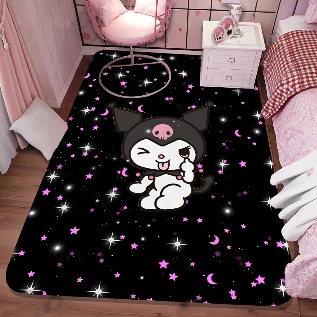 1pc Sanrio Hello Kitty KUROMI Flannel Area Mat - Soft, Washable, Non-Slip Cartoon Mat for Bedroom, Living Room, Indoor Use - Polyester Fiber, Rectangle, Christmas Holiday Decor, Rugs for Bedroom