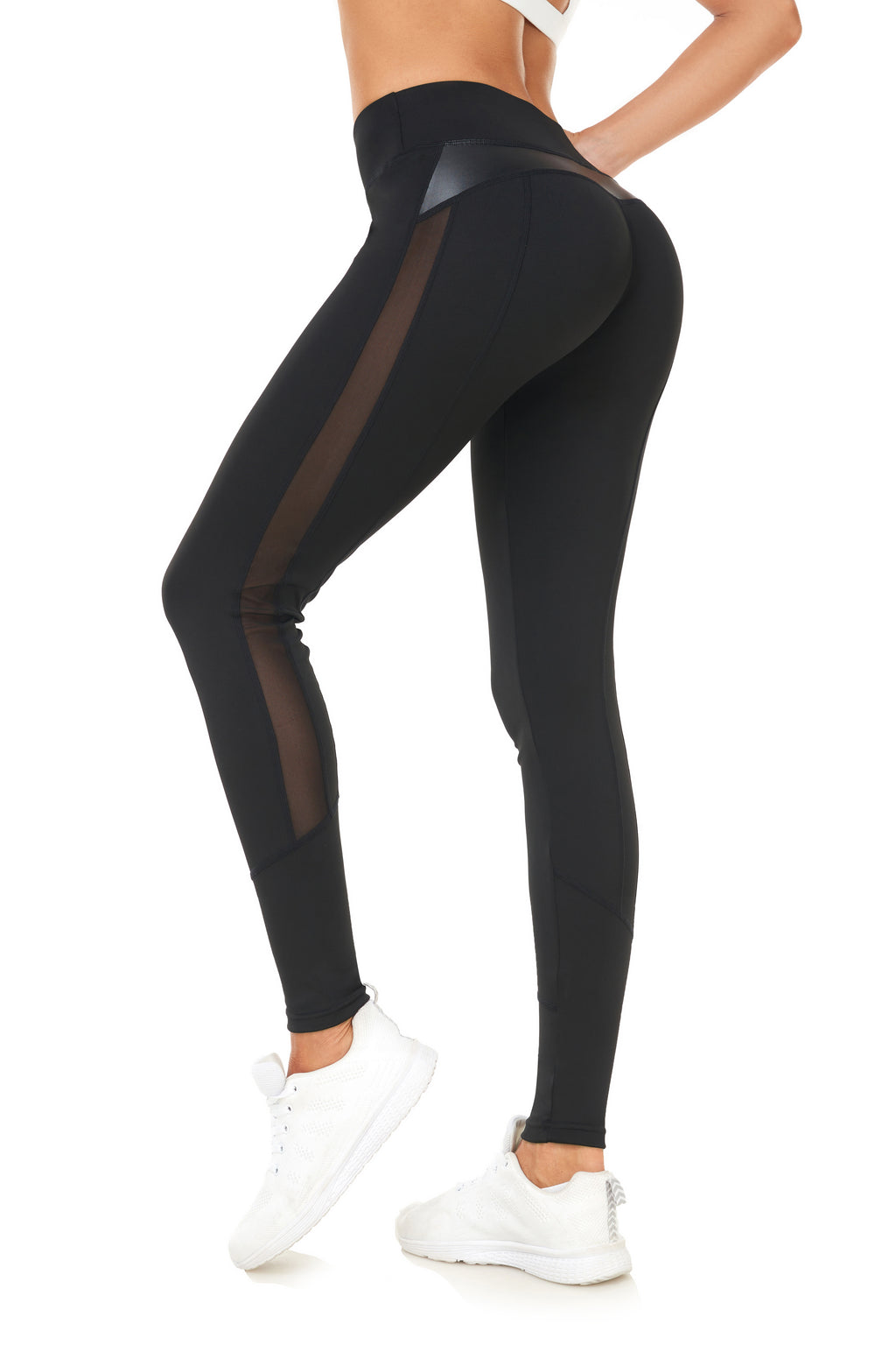 Women'S High Waist Hip Lifting Leggings, Quick Dry Polyester & Spandex Blend, Elastic Waistband, Contrast Mesh Detail, All-Season Sports Yoga Pants, Knit Fabric, 220g/m², Solid Color, Long Length
