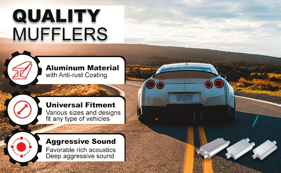 Universal Mufflers Dual Chamber, Offset Inlet Center Outlet.Performance Automotive Muffler Exhaust. 2 Chamber Performance Race Muffler Resonator Anti-corrosive 18" Overall (Silver & Black & Red)