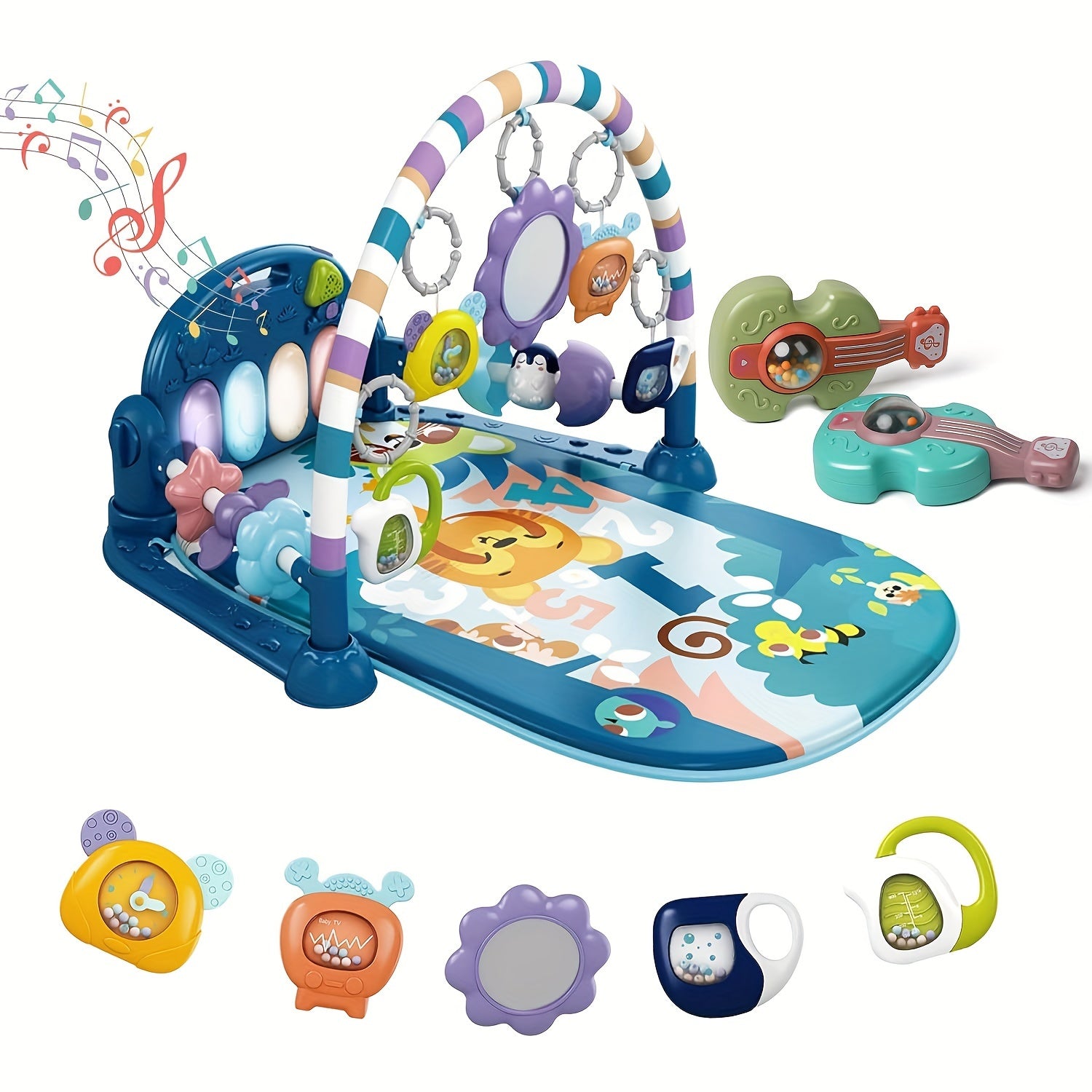 Baby Play Mat Baby Gym, Funny Play Piano Tummy Time Baby Activity Mat With 5 Infant Sensory Baby Toys & 2 Guitar Rattles, Boy & Girl Gifts For Newborn Baby 0 To 3 6 9 12 Months