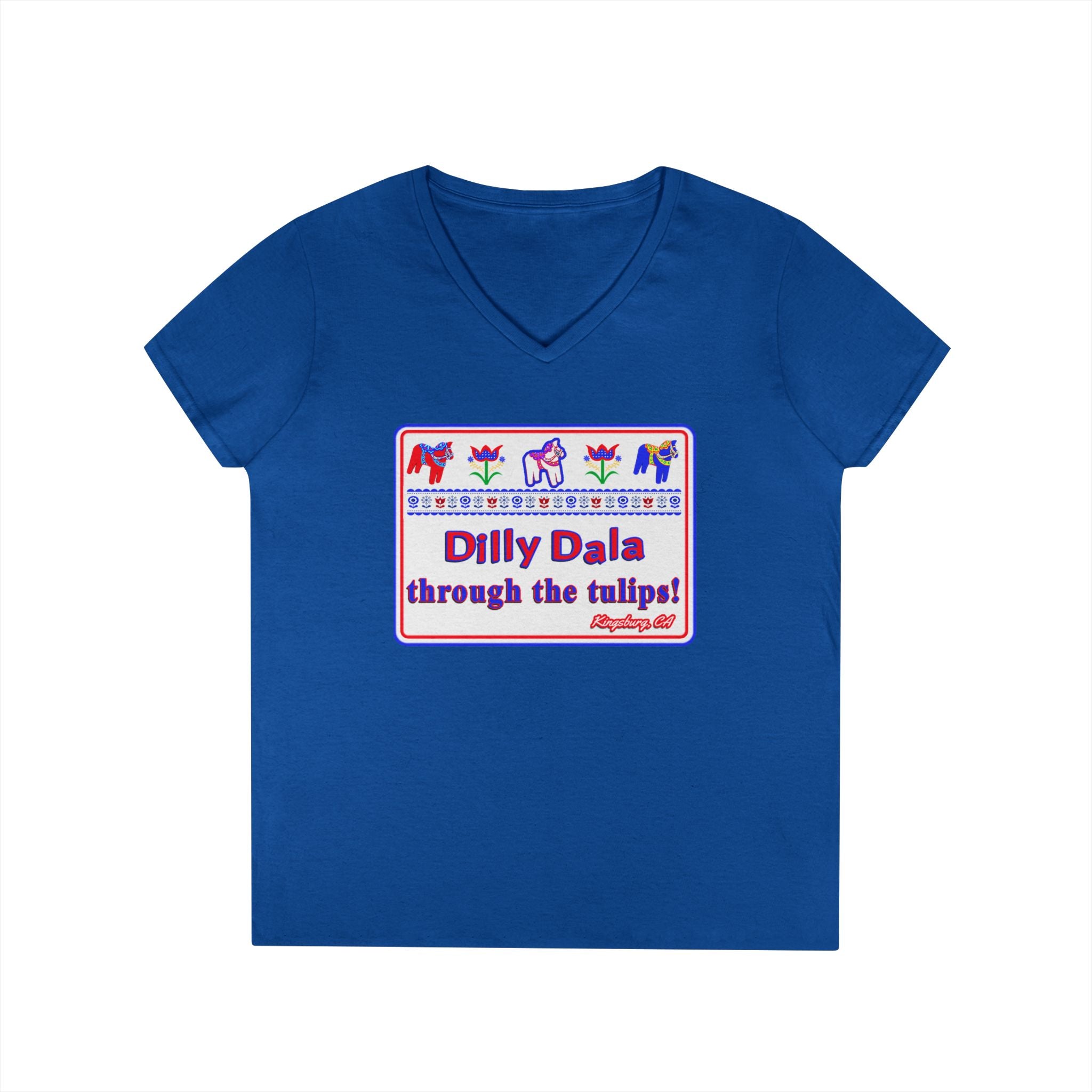 Dilly Dala Through the Tulips Ladies' V-Neck Tee — Floral Dutch Dance Graphic Shirt