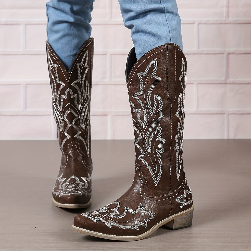 [Retro Cowgirl Boots] Retro Style Women's Western Mid Calf Boots | V-cut Embroidery Cowgirl Boots, Pointed Toe Slip On Shoes