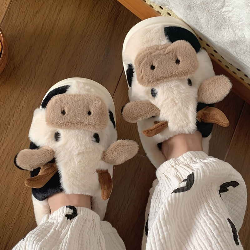 Women'S & Men'S Fuzzy Cow Slippers - Plush Winter Indoor House Shoes with & Cow Print,