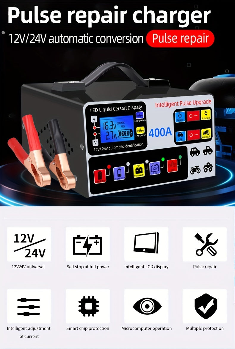 12V/24V Large Power Automotive Smart Pulse Repair Car Charger - Fast and Efficient Vehicle, Boat, Motorcycle Battery Charger with Advanced Safety Features and Multi-Protection