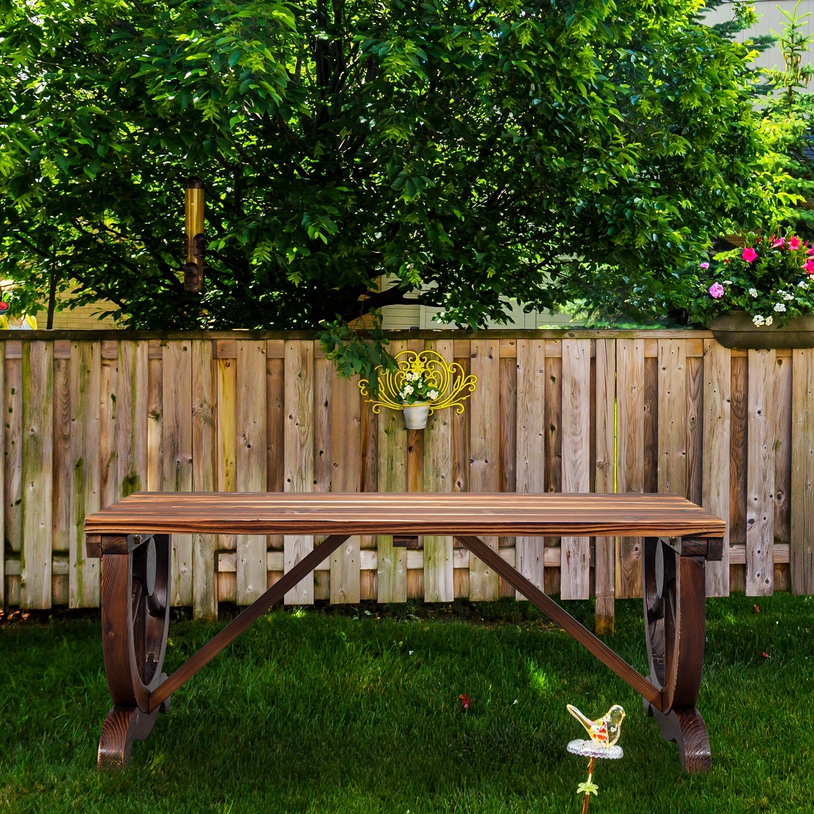 Outdoor 2-Person Rustic Hardwood Garden Bench with Wagon Wheel Design - Heavy-Duty Brown Wood Construction, Sturdy Wide Seat & Curved Backrest for Patio, Porch, Backyard - Durable All-Weather Furniture (No Batteries/Electrici