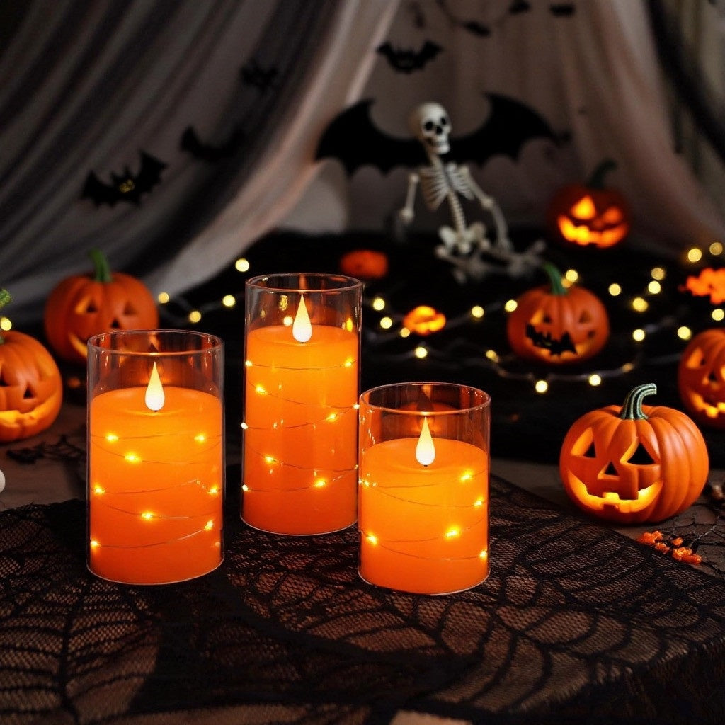 Flickering Flameless Candles with String Lights, Battery Operated Candles, Embedded String Lights LED Candles, Candles with Remote, Set Of 3