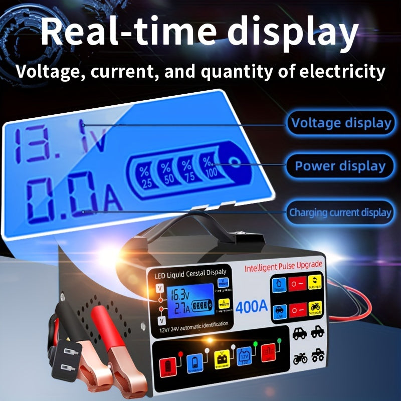 12V/24V Large Power Automotive Smart Pulse Repair Car Charger - Fast and Efficient Vehicle, Boat, Motorcycle Battery Charger with Advanced Safety Features and Multi-Protection