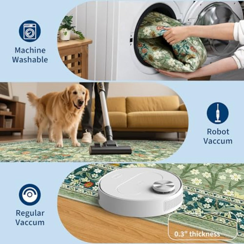 Floral Area Rugs 5x7 Sage Green Washable Rug for Living Room Bedroom Low Pile Non Slip Stain Resistance Indoor Boho Carpet Mat for Farmhouse Dining Room Office