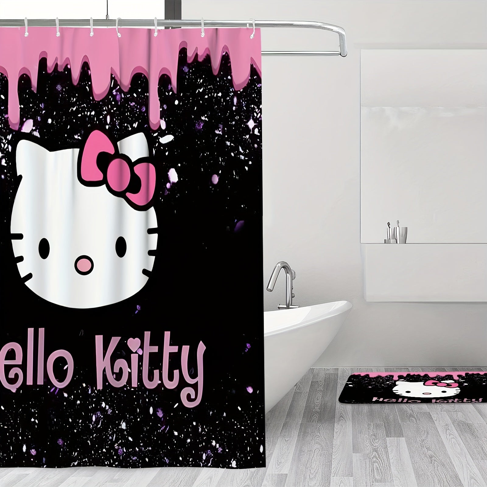Sanrio Hello Kitty Shower Curtain Sets with Rugs and Hooks, Cartoon Themed Washable Polyester Bathroom Decor, Knit Weave Machine Washable Accessories, All-Season Home Decor Curtain and Mat Set