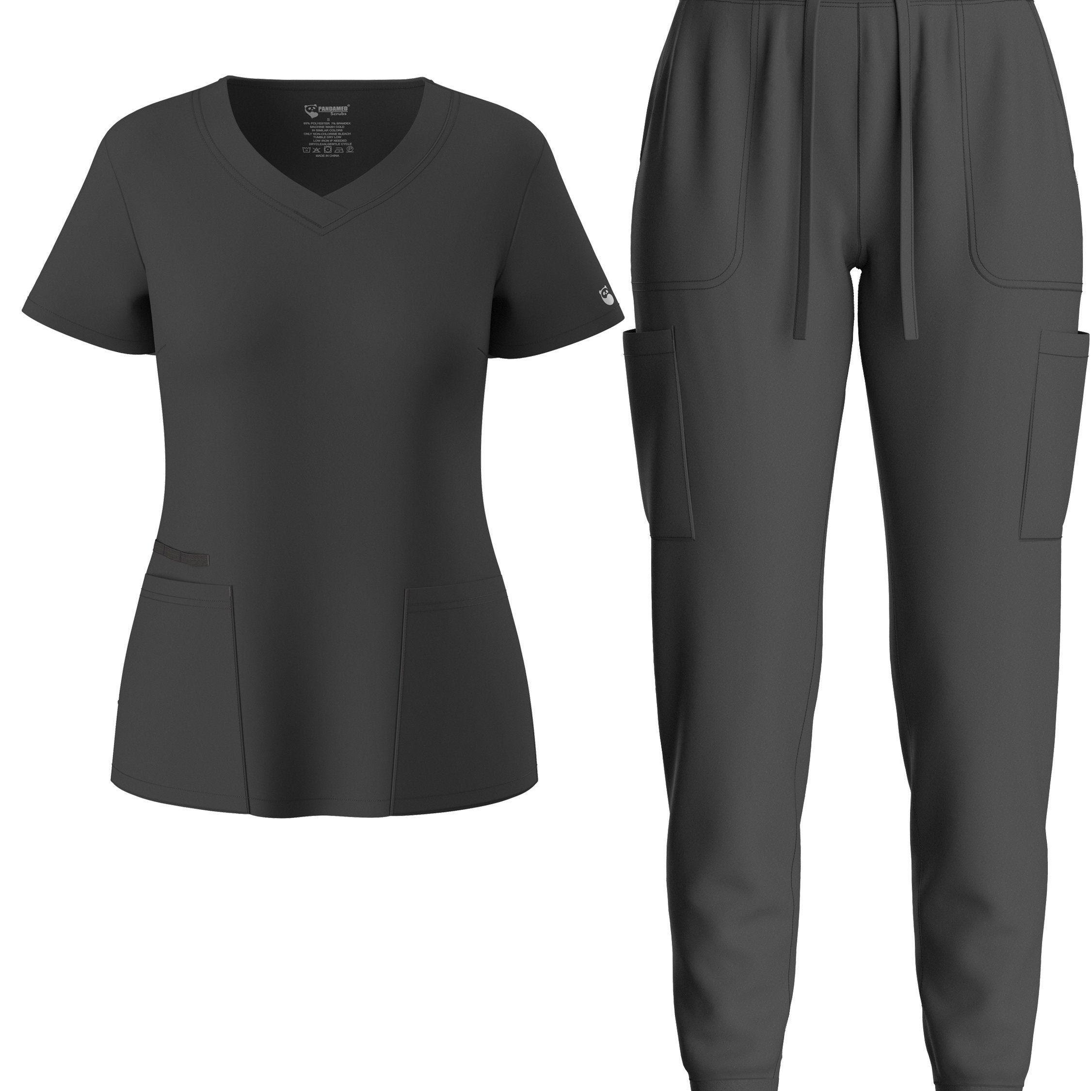 two-piece Elegant Two-Piece Scrub Set for Women: Short Sleeve V Neck Top & Drawstring Pants