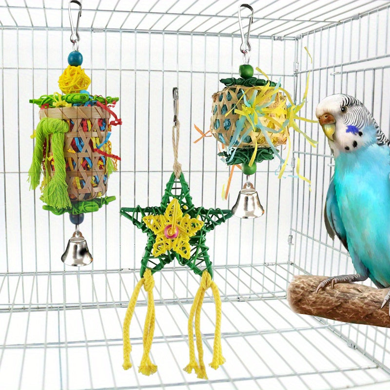 3pcs Vibrant Parrot Chew Toys with Natural Woven Perch - Colorful Hanging , Bird Toys