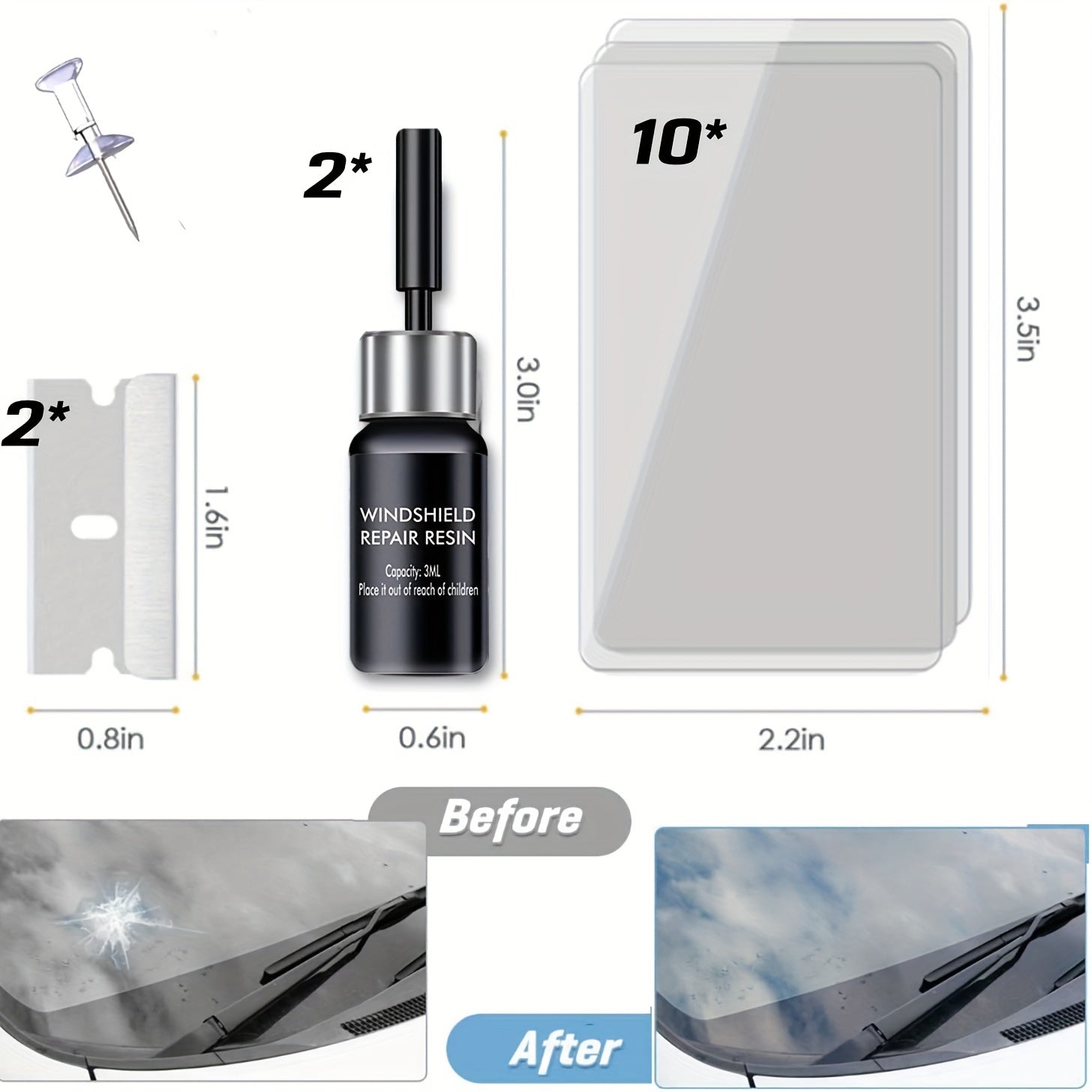 Windshield Repair Kit, Cracks Gone Glass Kit Automotive Windscreen Tool for Fixing Chips, and Star Shaped Crack, Nano Fluid Fille