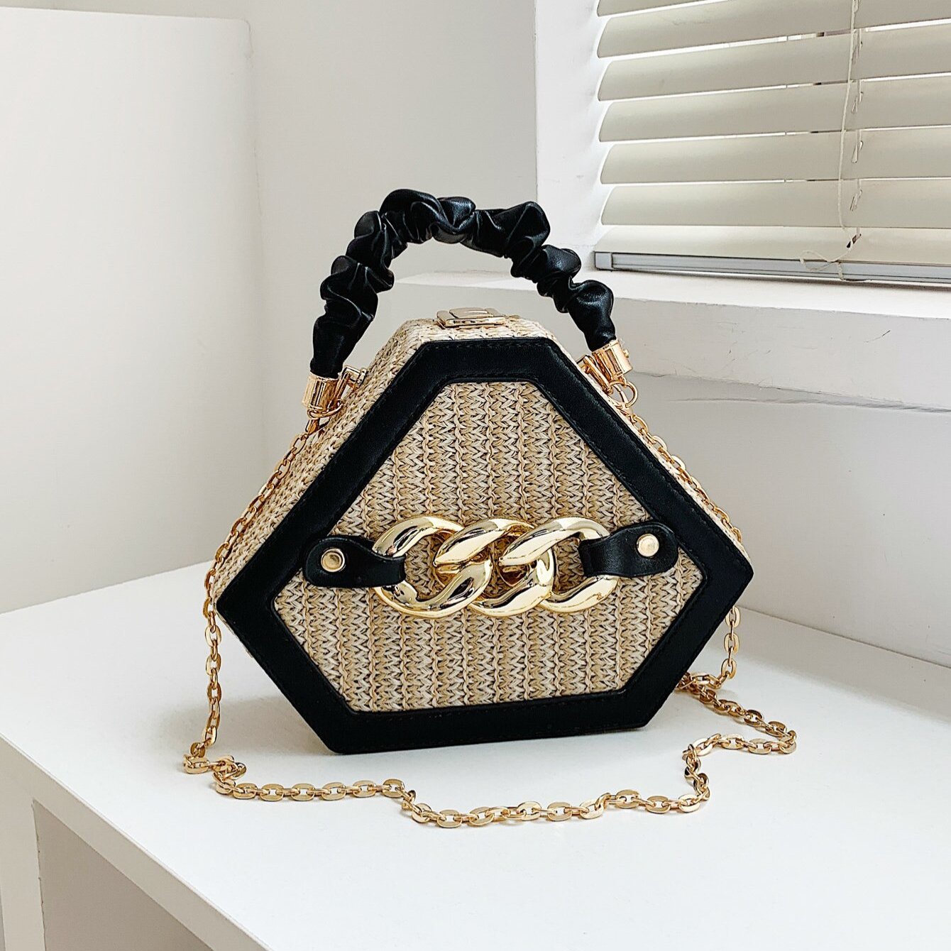 Trendy Chain Handbag, Fashion Top Handle Straw Box Bag, Women's Vacation Style Purse
