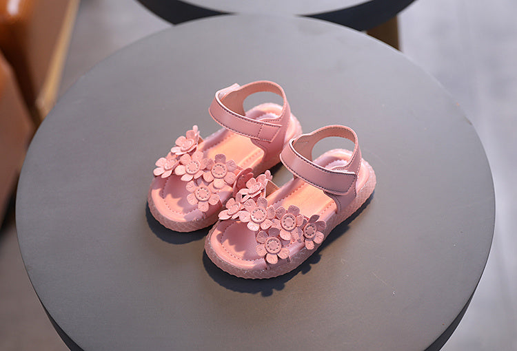 Baby Girls Cute Casual Sandals With Flower Decoration, Non-slip Soft Sole Slip-on Hook And Loop Fastener Shoes For Summer
