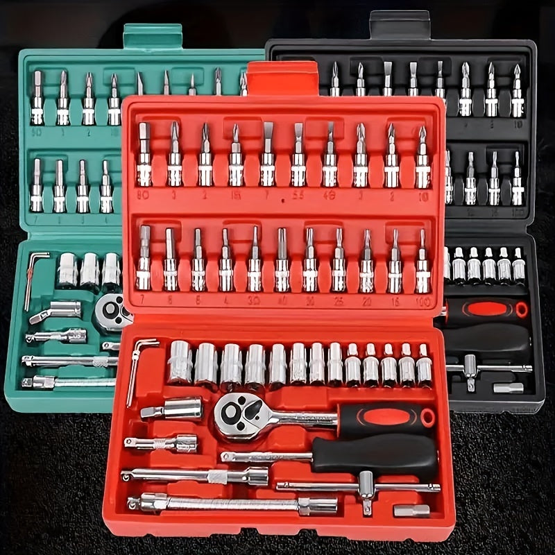 46/53/61/82/94pcs Mechanical Tool Kit Chrome Vanadium Steel Manual Tool Kit - Including Metric Ratchet, Socket, Wrench Kit For Automotive And Mechanical Repairs, Durable Non Battery Uncharged Tool Kit