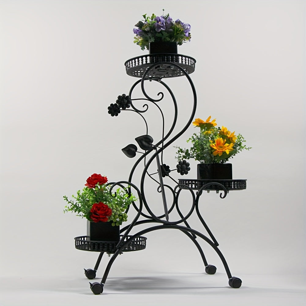 1 Pack, 3-Tier Classic Metal Flower Stand With Wheels For Indoor/Outdoor Plant Display Rack, Rolling Garden Decor