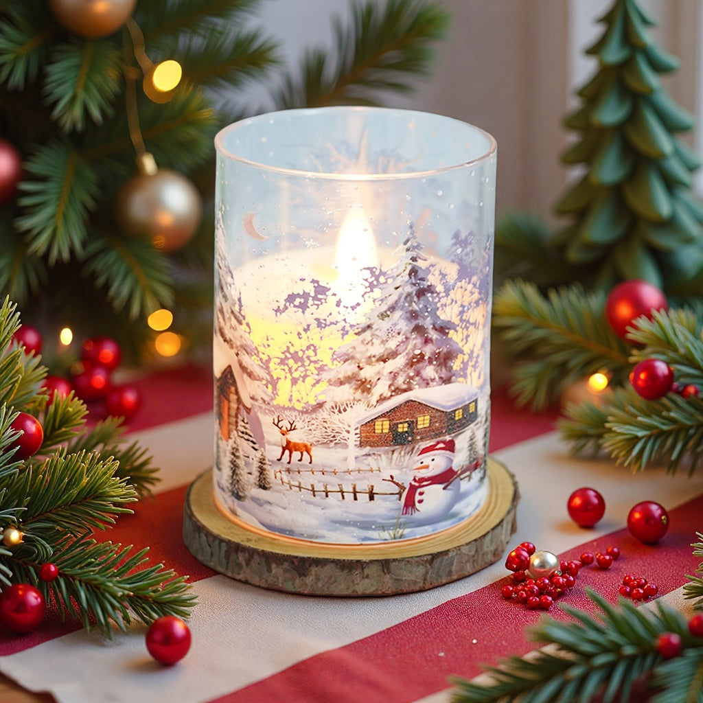 3pcs Flameless Led Pillar Candles With Christmas Snow Scene Design, Flickering Warm Light, Battery Operated Decorative Candles With Snowman Patterns, Perfect For Christmas Decoration, Table Centerpiece, Home Decor, Gift Idea,