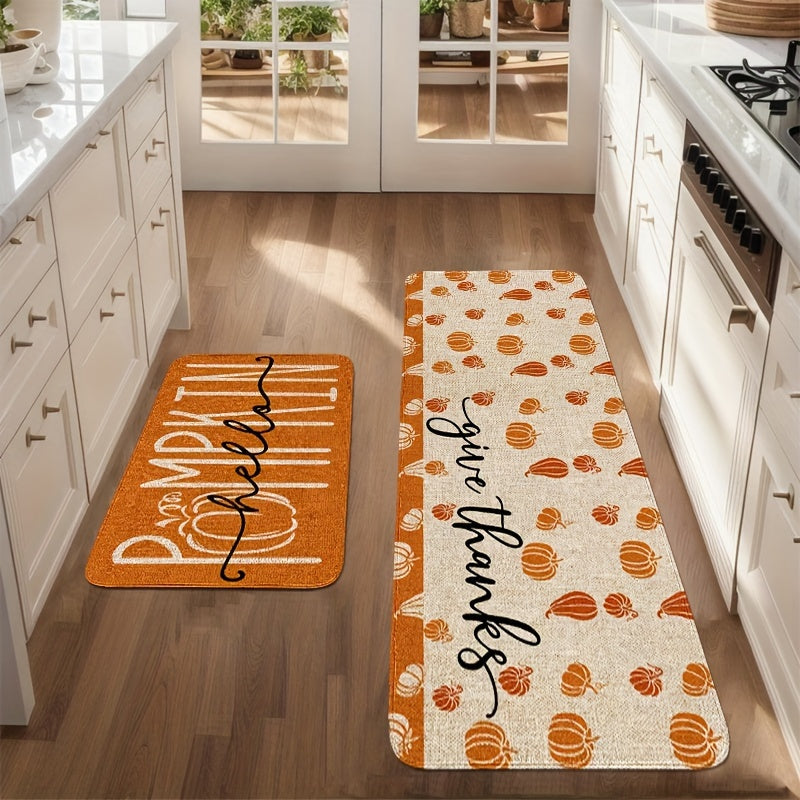 Thanksgiving Pumpkin Kitchen Mat Set (2/3pcs) - Soft, Non-Slip & Stain-Resistant Flannel Rugs for Fall Decor, Perfect for Home & Holiday Parties