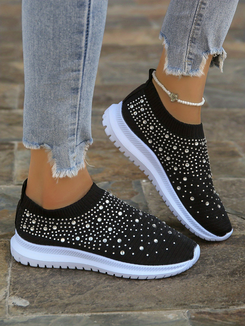 Women's Rhinestone Decor Slip-on Sneakers, Fly Woven Sports Shoes, Breathable Low Top Walking Shoes For Music Festival