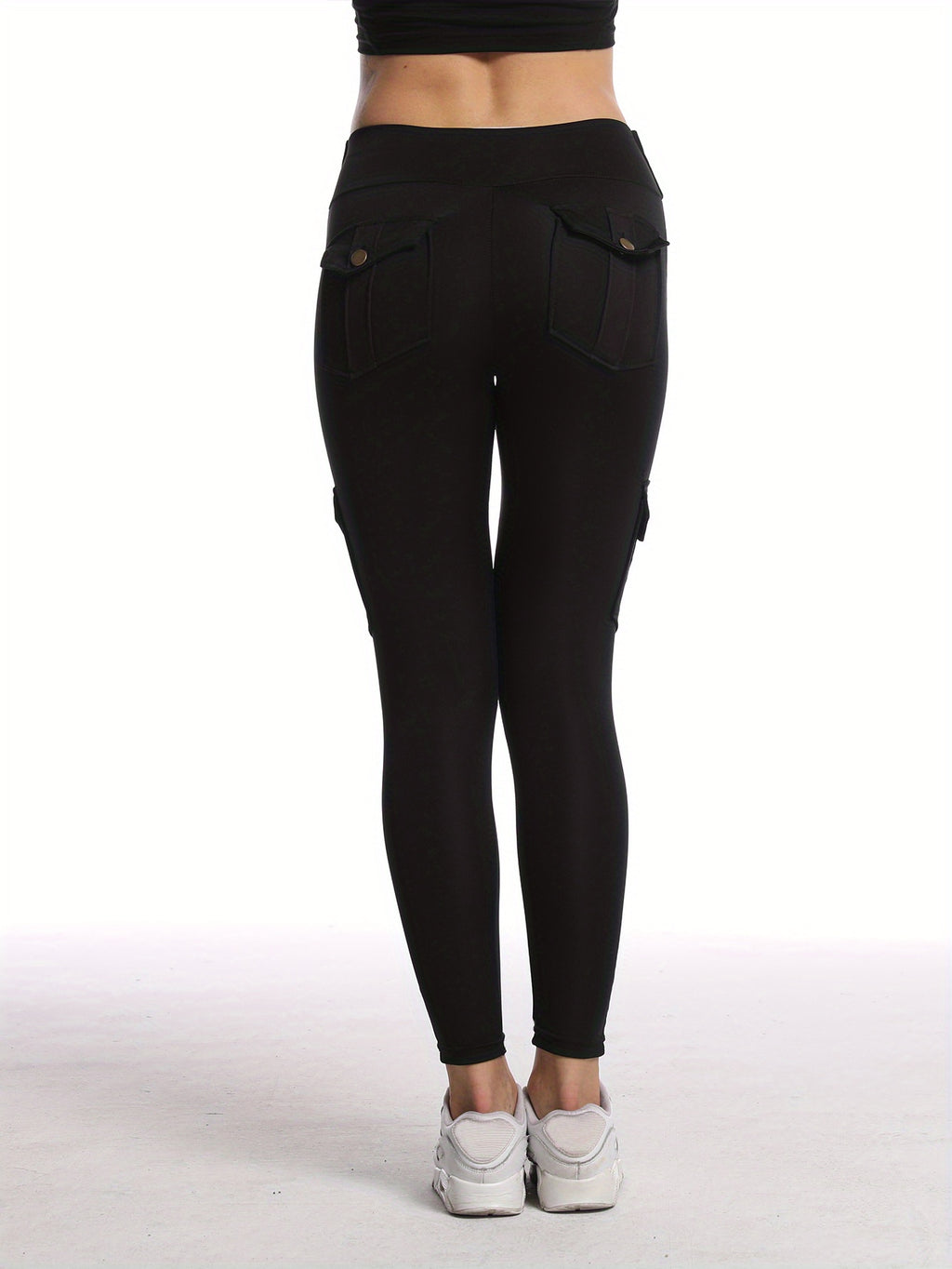 Black Flap Pockets Sports Pants, Moisture Wicking High Waist Breathable Fitness Workout Casual Cargo Pants, Women's Clothing