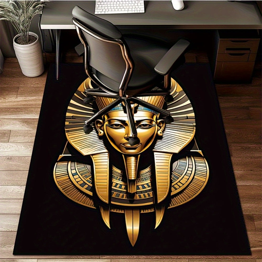 1pc Egyptian Pharaoh Statue Printed Area Mat - 100% Soft Polyester, Anti-Slip, Machine Washable, Rectangle Knit Weave with Vibrant Golden Design for Bedroom, Living Room, or Office Decor, Perfect for Holidays & Home Accents,