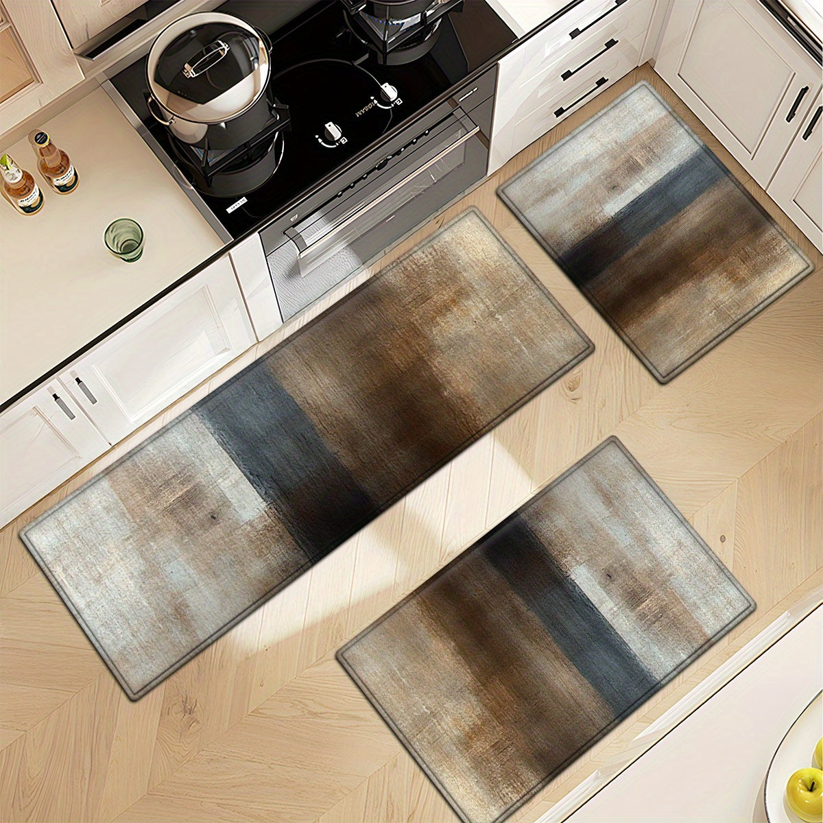 1/2/3pcs Warm brown, rice white, light gray block, abstract art style Flannel Soft Kitchen Rugs Non Slip Washable, Throw Rug, Non-Skid Runner Rug, Floor Mat, Doormat, Living Room Laundry Bathroom Water-absorbing Mat Set, Area