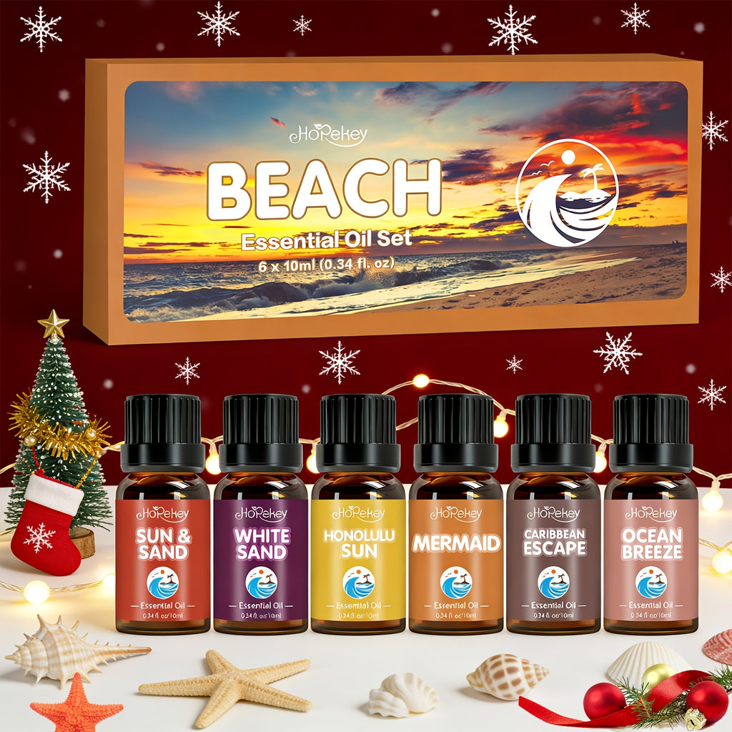 6/12pcs Beach/ Wooden/ Hotel Essential Oil Set - Coconut Tree Shadows, Sunny Beach, Shell, | Sandalwood/ Cedar/ Cypress| for Humidifier, Diffuser, Candles, Car Air Freshener, Soap, Hotel Scents Fragrance Oil - Romantic Valent