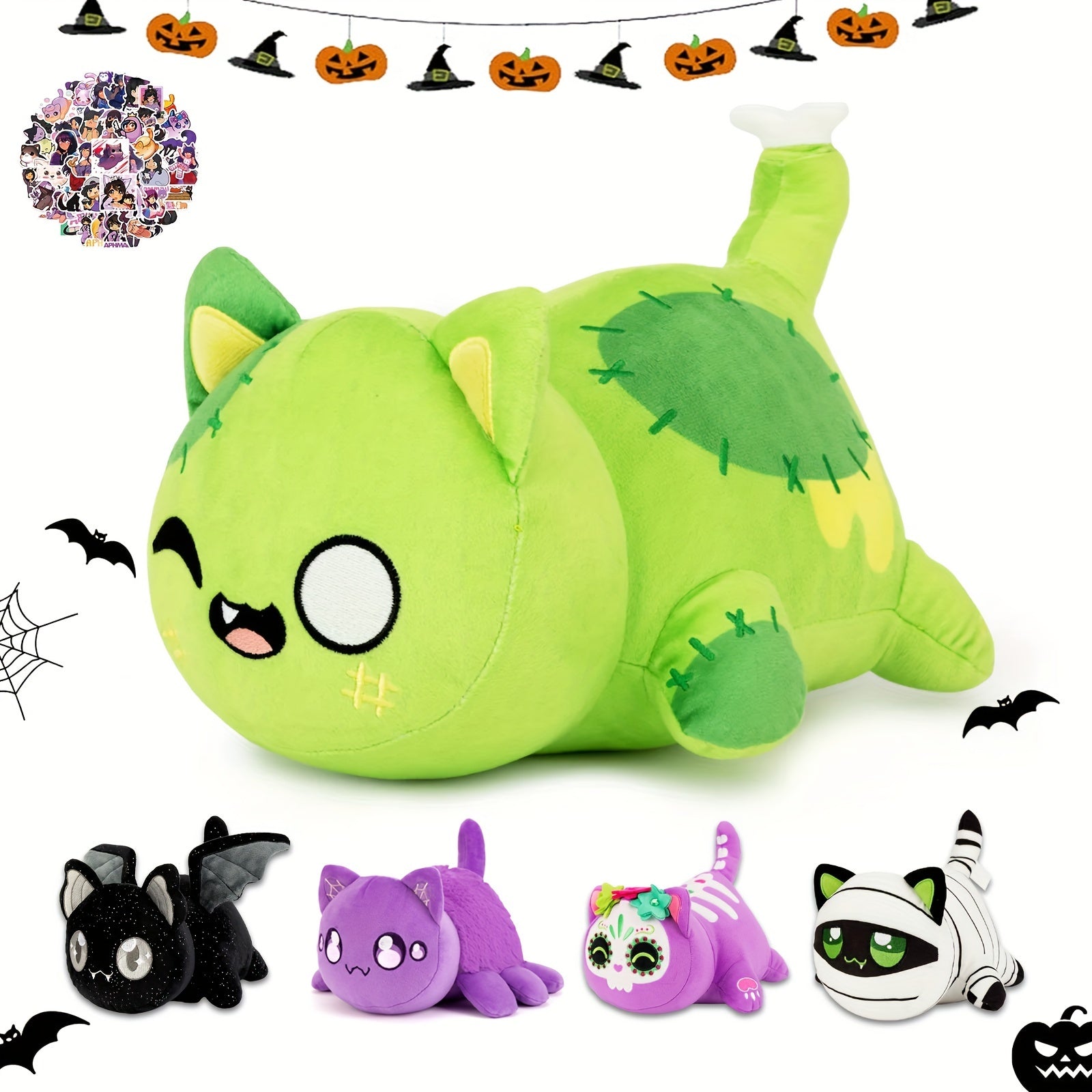 Mee-Meows Collection: Festive Cat Plush Toys - Bat, Spider, Mummy, Purple Sugar Skull, Zombie, and More - Great Gift for Kids & Fans - Ages 0-3