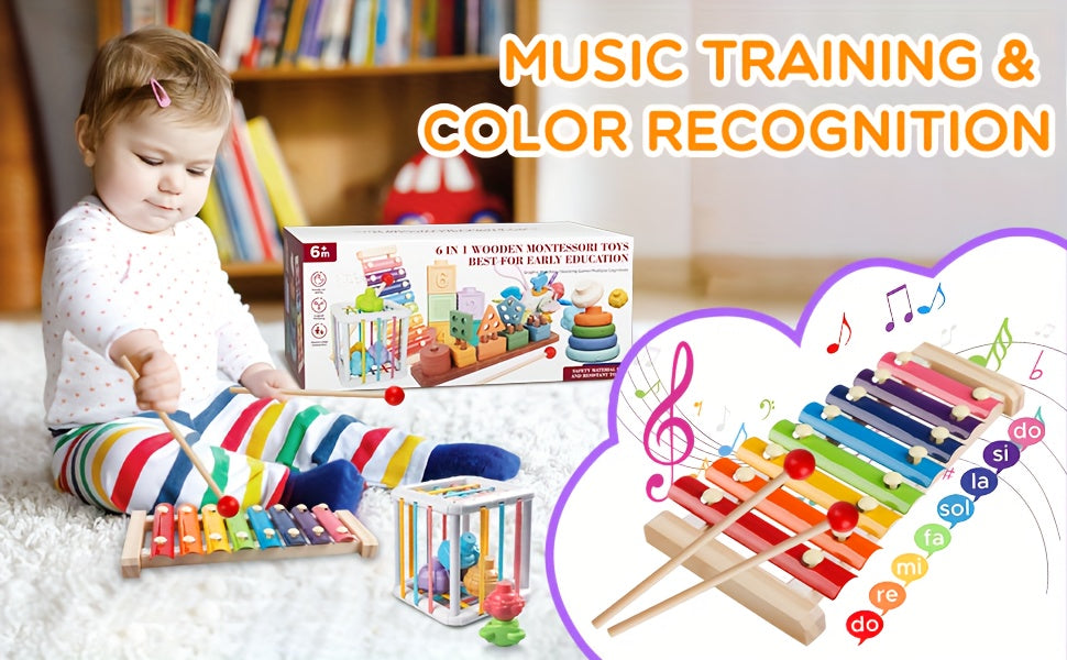 6-in-1 motor skills toys, sensory teething ring toys, baby wooden sorting and stacking toys, gifts for girls and boys 6, 9, 12 months 1, 12, and 3 years old children learning toys