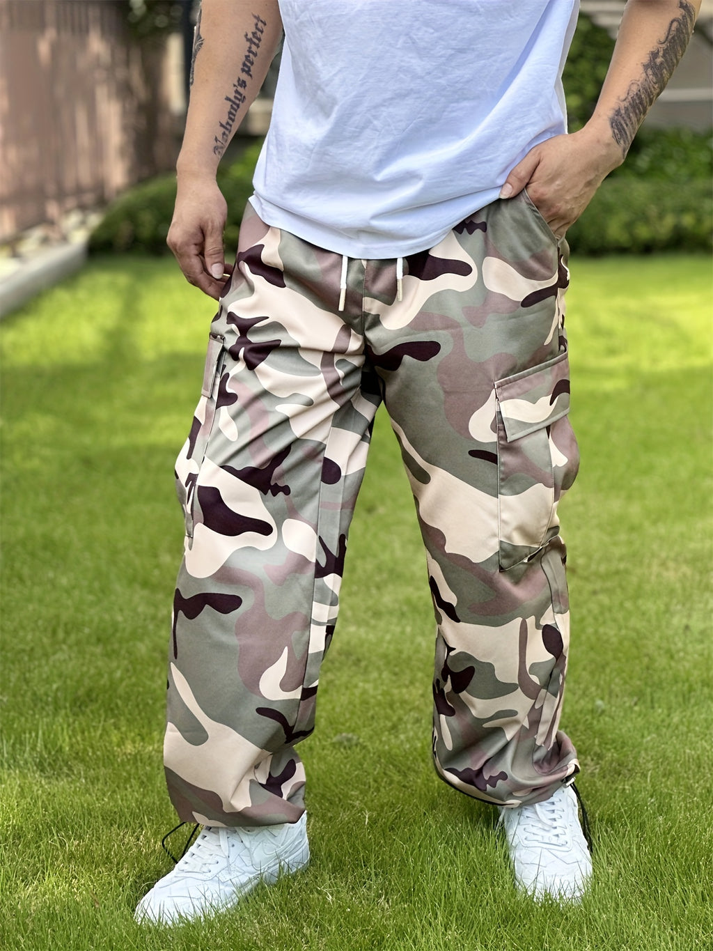 Men's Camo Cargo Pants - Durable Polyester, Multi-Pocket Design for Outdoor & Casual Wear, All Seasons