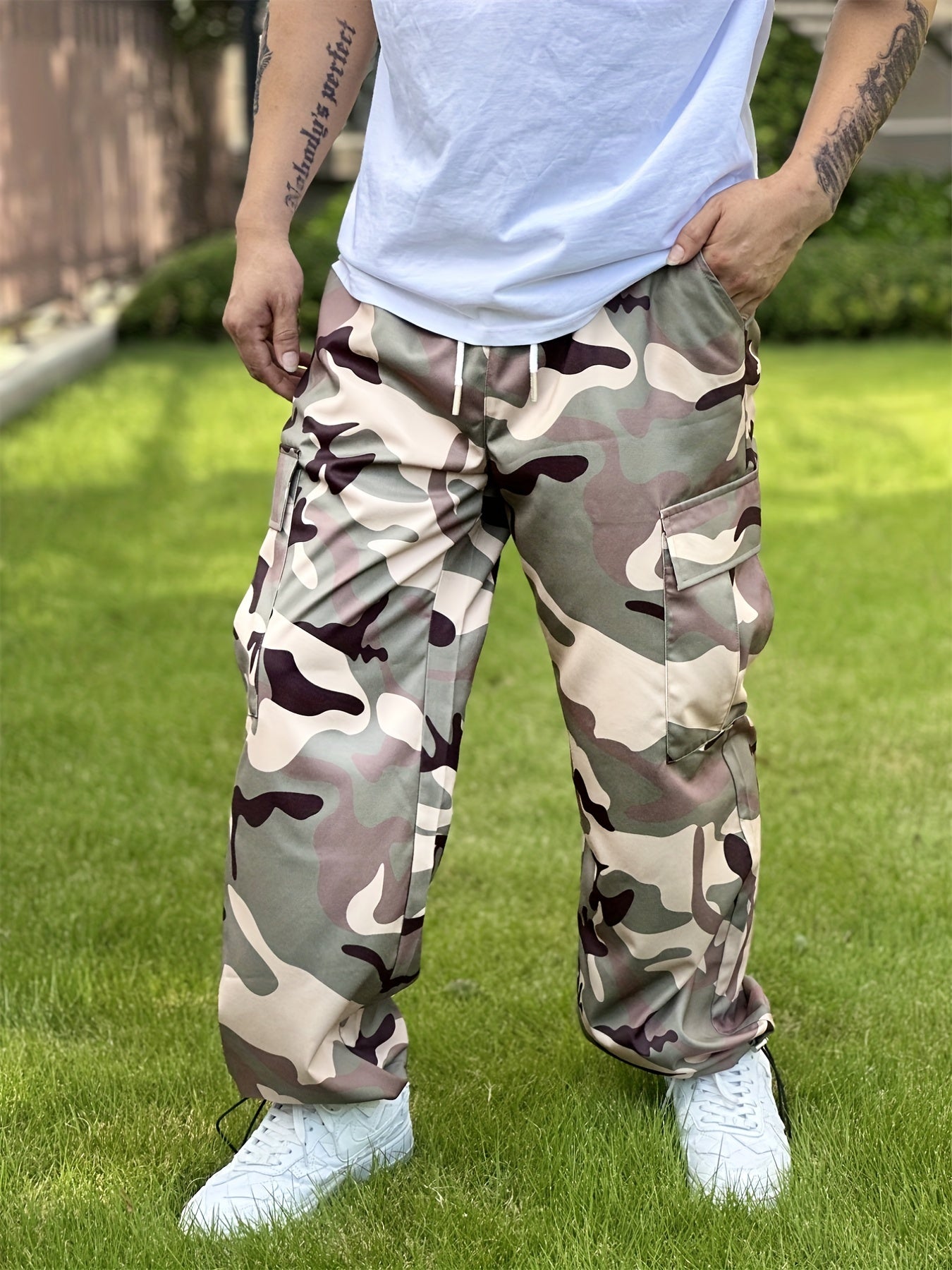Men's Camo Cargo Pants - Durable Polyester, Multi-Pocket Design for Outdoor & Casual Wear, All Seasons