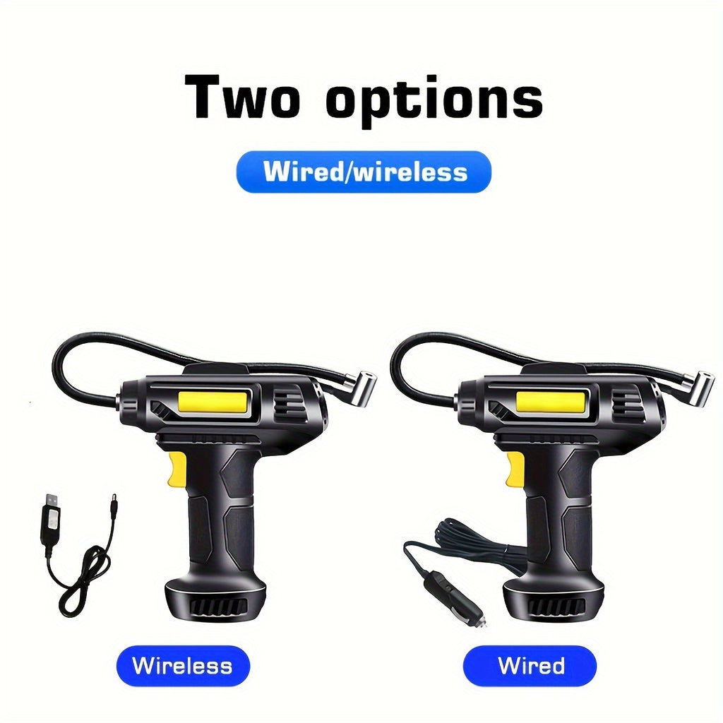 120W multi-function portable automotive air compressor, wired/wireless handheld automotive air pump electric, automotive tire inflator with LED lights