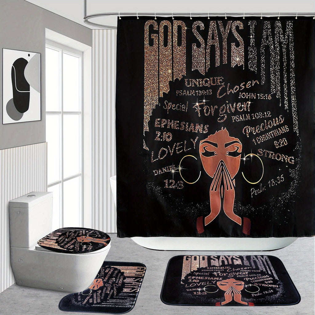 4pcs Sets Rugs Shower Curtain, Black Girl Pattern Shower Curtain With Hooks, Non-Slip Rug, Toilet U-Shape Mat, Toilet Lid Cover Pad