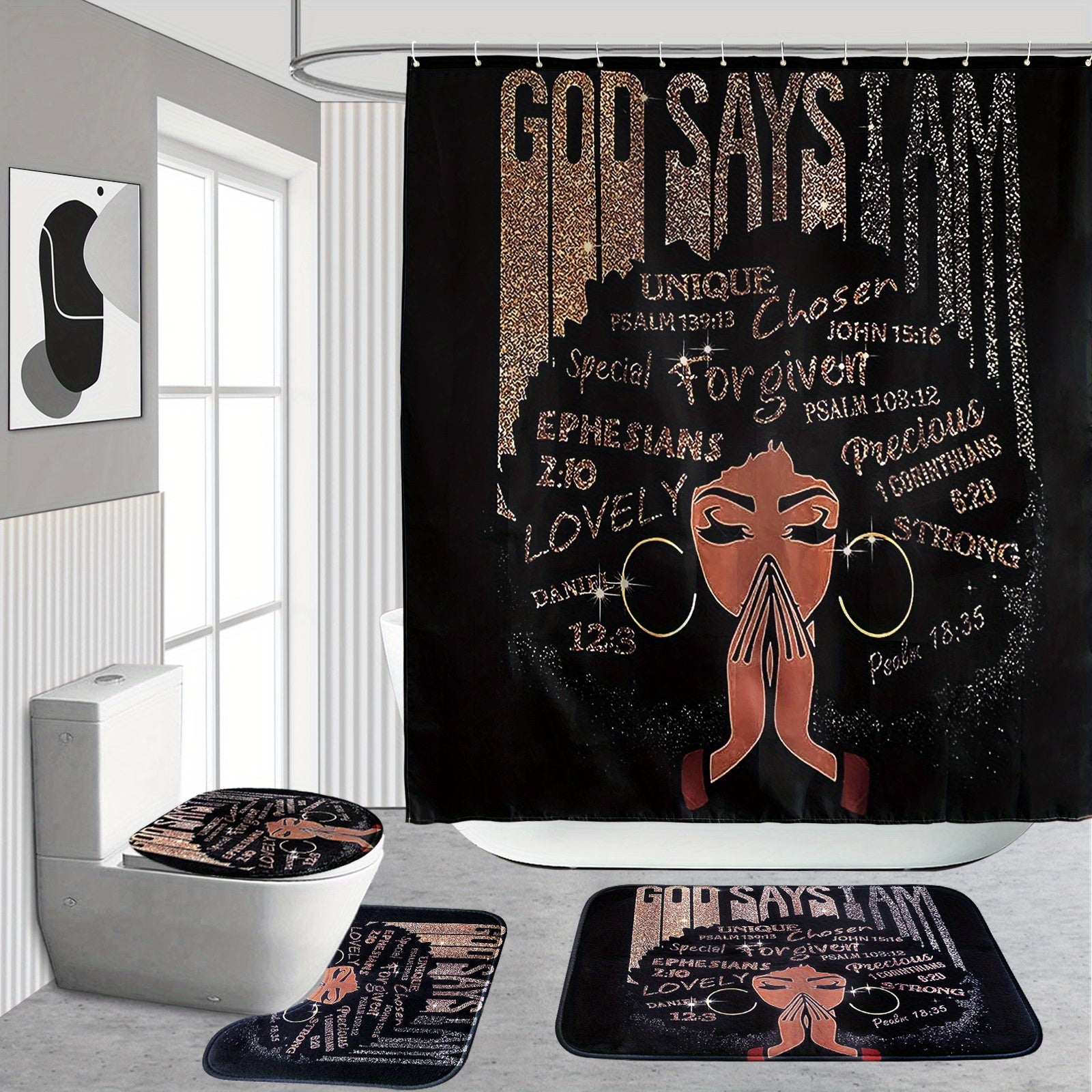 4pcs Sets Rugs Shower Curtain, Black Girl Pattern Shower Curtain With Hooks, Non-Slip Rug, Toilet U-Shape Mat, Toilet Lid Cover Pad