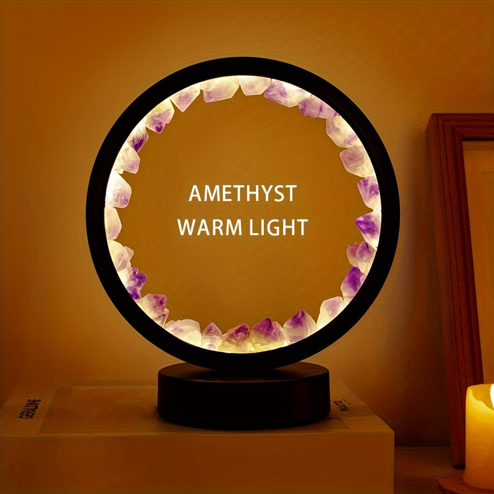 1pc, Rechargeable LED Bedside Lamp with Natural Quartz Amethyst Cluster - Soothing Night Light for Bedroom and Desk - Decorative Circle Lights