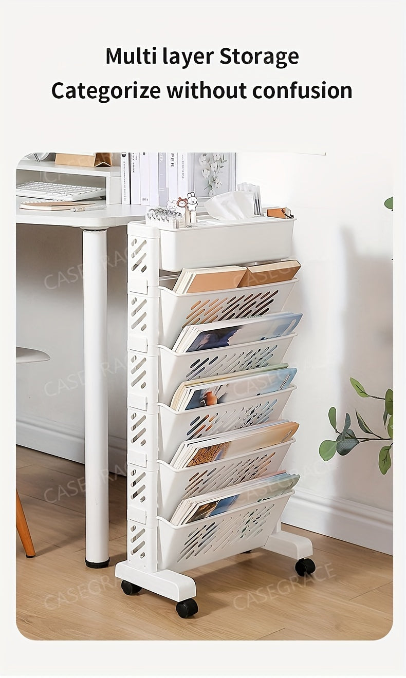 1pc Five-Level Movable Bookshelf, Desk Side Shelf, Floor Cart with Pen Holder for Office Study Supplies Storage and Document Storage