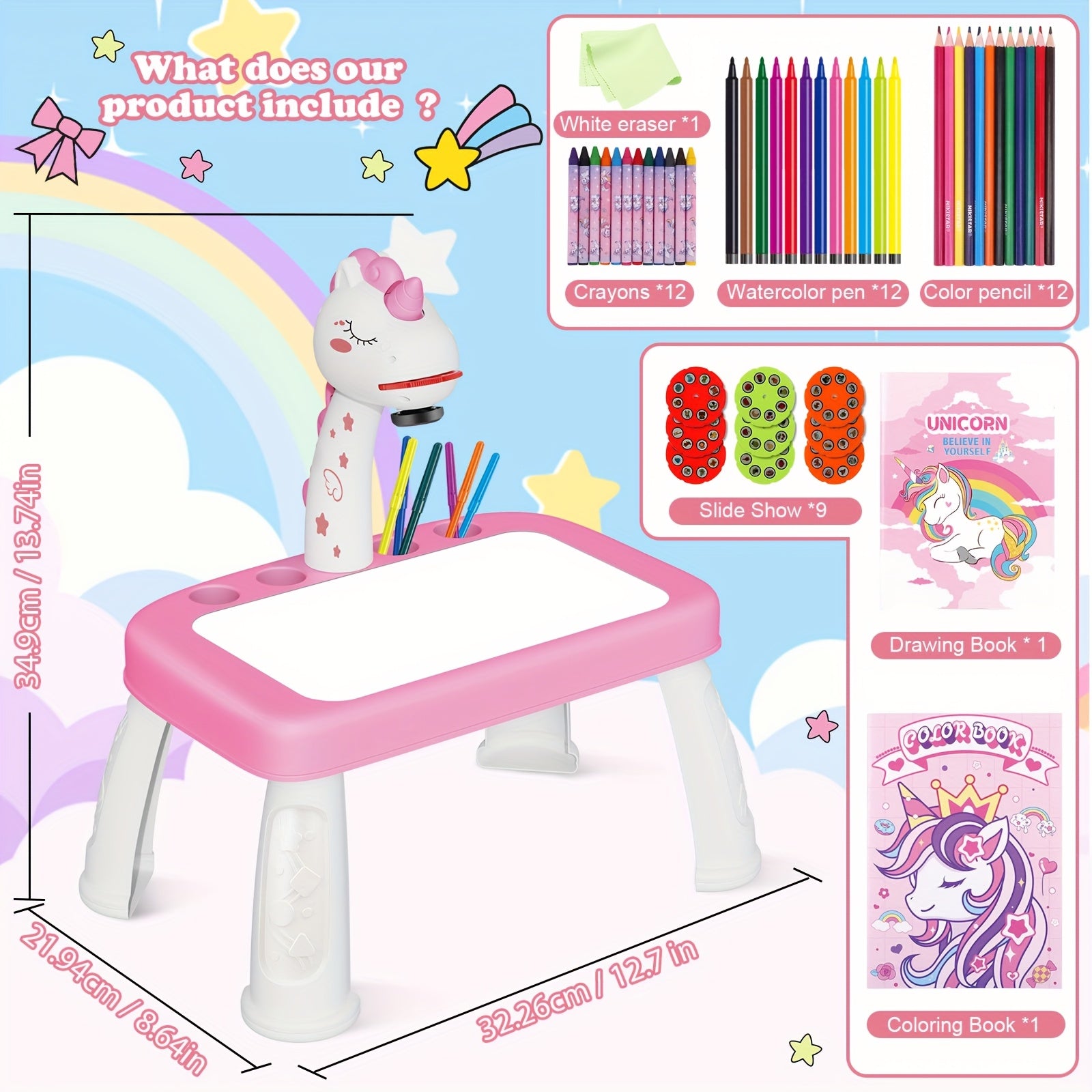 Unicorn Drawing Projector, Contains Drawing Board, Watercolor Pens, Pencils, Crayons, Scrapbook, Sticker Book, Unicorn Stickers, Stamps, Toys for Girls age 3+
