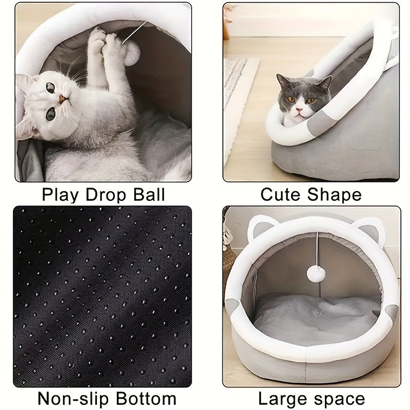 Classic style cute cat bed house, kitten burrow mat, indoor kitten tent with hanging toys, give cats different fun