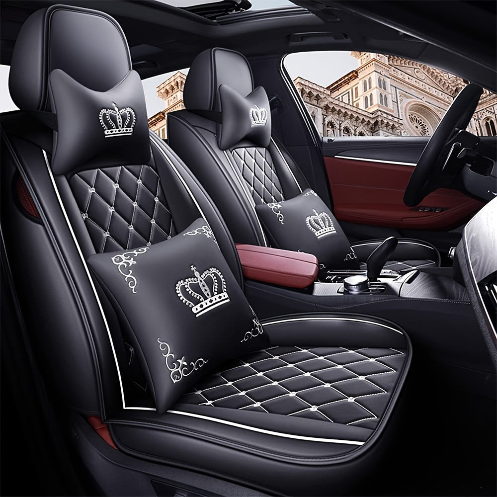 Full Set Car Seat Covers, Crown PU Leather Car Seat Cover Full Surround, Comfortable Automotive Vehicle Cushion Cover Fit For Most 5 Seats Cars/SUV/Truck/Vans