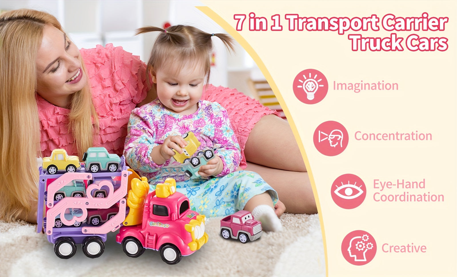 Toddler Car Toys 7-in-1 Pink Princess Foldable Transport Carrier Trucks For Baby | Lights & Music | 3 Layer Transformable Carriage Set | (Bowknot)