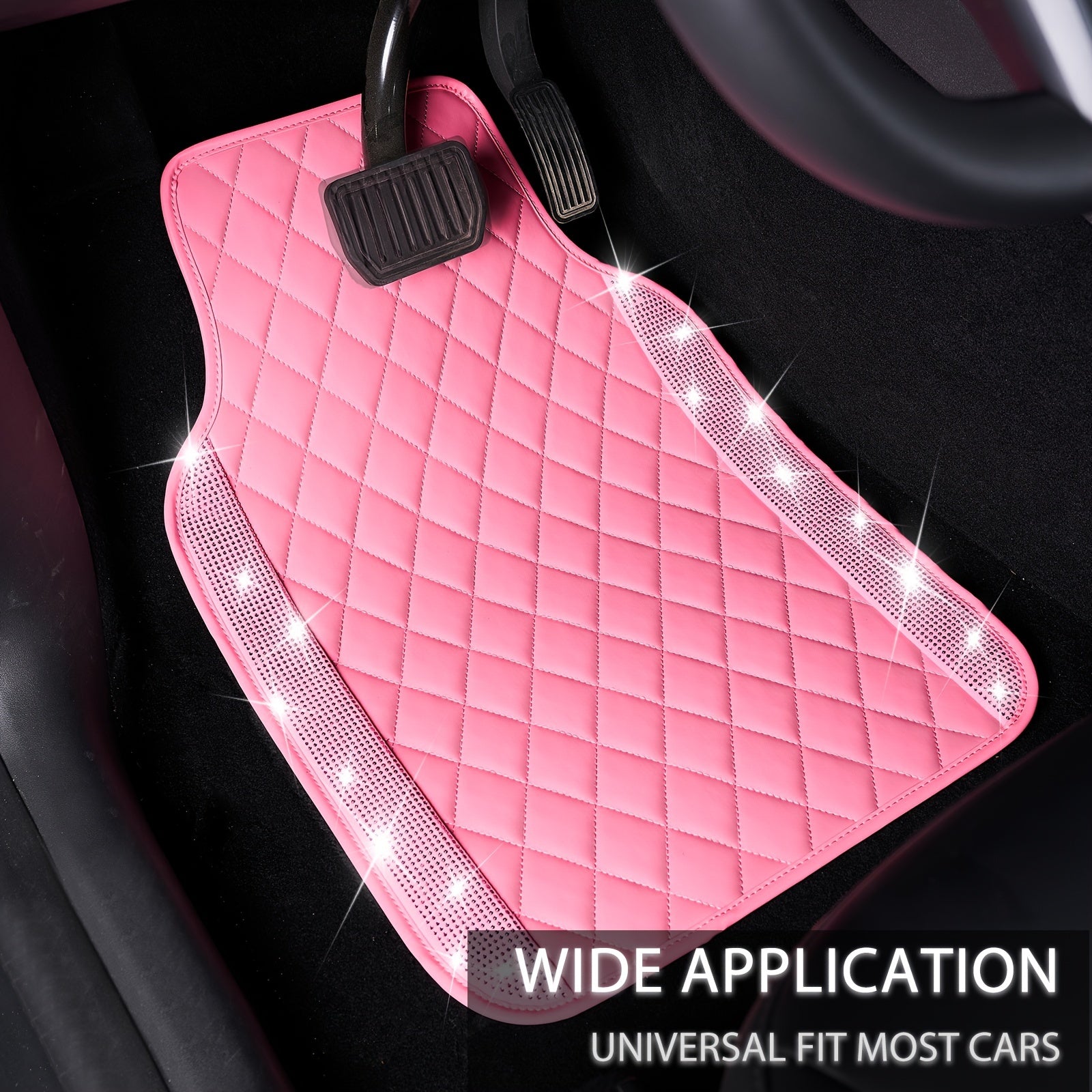 Bling PU Leather Car Mats Shining Diamond Floor Mats Crystal Rhinestone Sparkly Glitter Carpet Anti-Slip Waterproof Pad Universal Fit Automotive SUV, Sedan, Van, 5pcs Girl Women, Pink