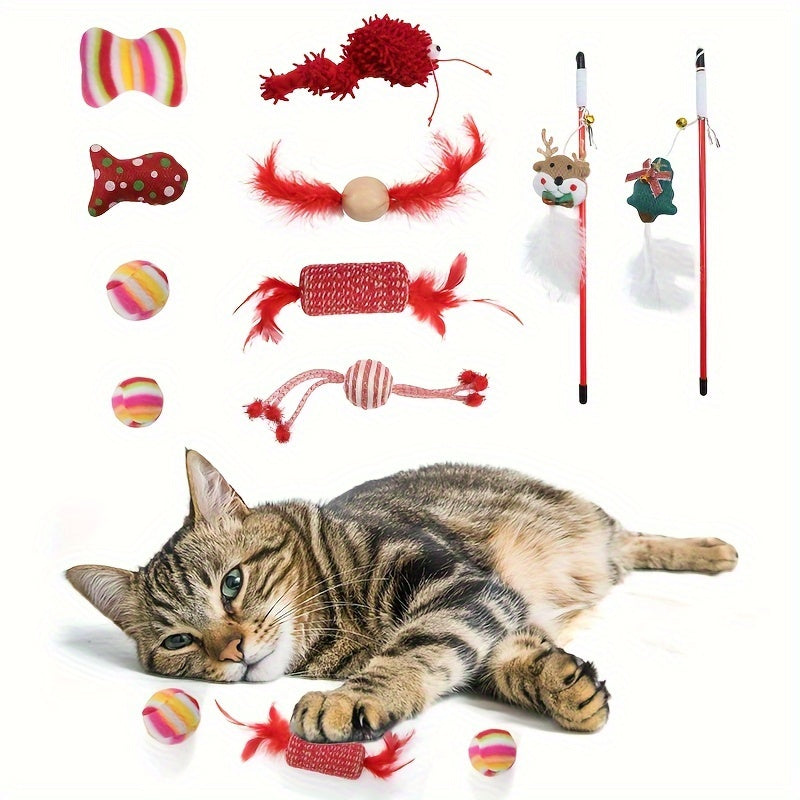 10 Pcs Xmas Cat Toy Set With Teaser Wand Mice Cat Balls And Bell Interactive Toys For Cats Indoor Supplies