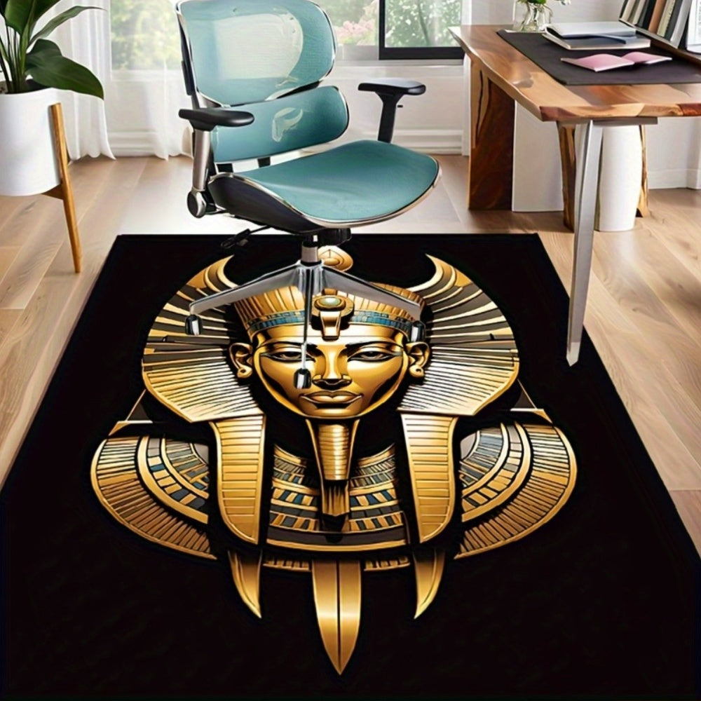 1pc Egyptian Pharaoh Statue Printed Area Mat - 100% Soft Polyester, Anti-Slip, Machine Washable, Rectangle Knit Weave with Vibrant Golden Design for Bedroom, Living Room, or Office Decor, Perfect for Holidays & Home Accents,