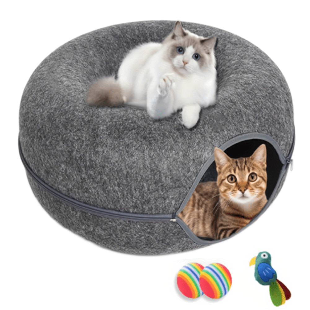 Large Cat Tunnel Bed for Indoor Cats with 3 Toys, Scratch Resistant Donut Cat Bed, Up to 30 Lbs for Multiple Pets