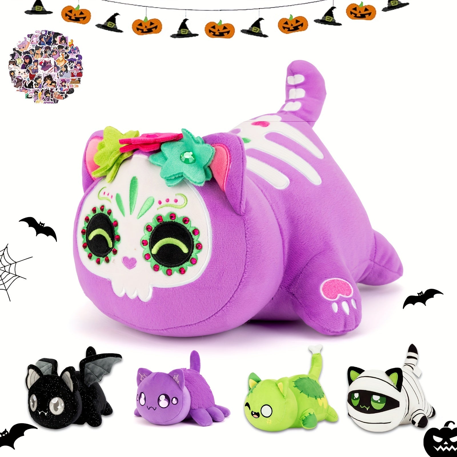 Mee-Meows Collection: Festive Cat Plush Toys - Bat, Spider, Mummy, Purple Sugar Skull, Zombie, and More - Great Gift for Kids & Fans - Ages 0-3
