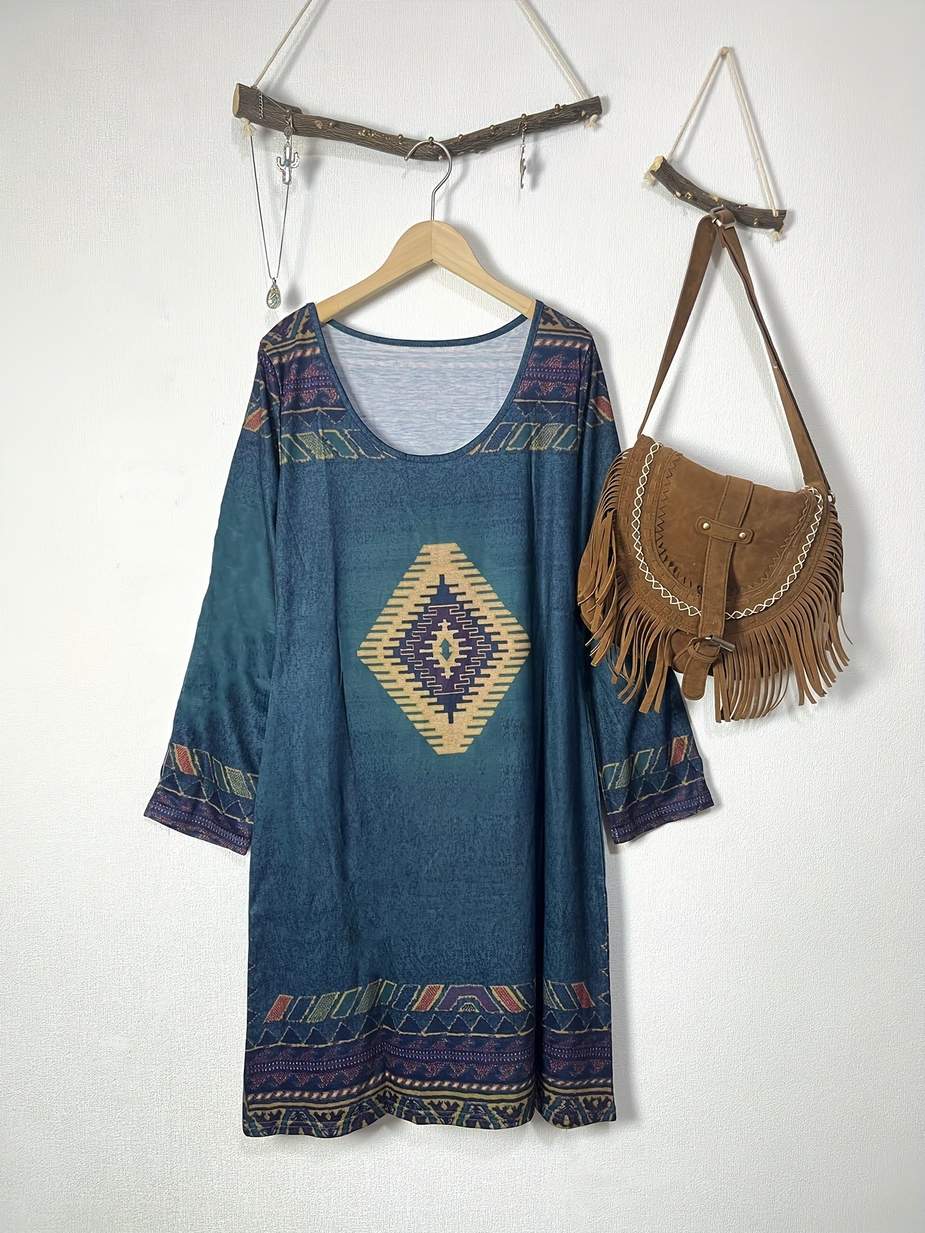 Aztec Print Ethnic Split Sleeve Dress, Boho Vintage V Neck Mini Dress, Women's Clothing