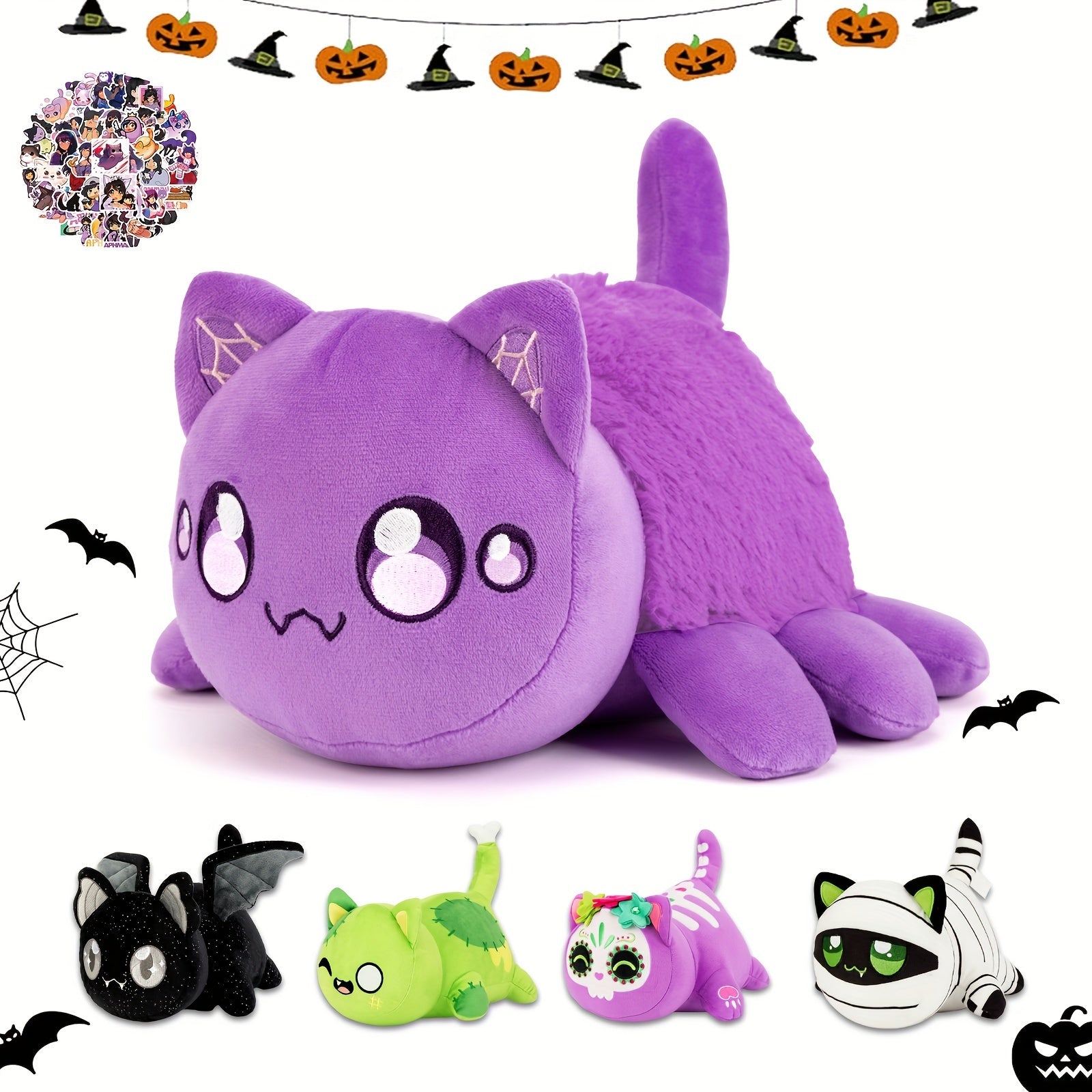 Mee-Meows Collection: Festive Cat Plush Toys - Bat, Spider, Mummy, Purple Sugar Skull, Zombie, and More - Great Gift for Kids & Fans - Ages 0-3